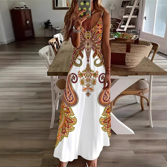 Damen Maxi-Kleid mit geschwärztem Paisley-Muster und elegantem V-Ausschnitt R&B