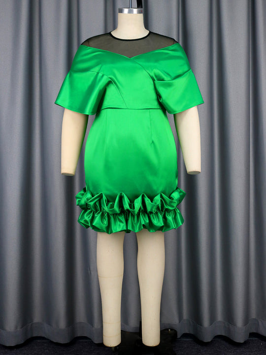 Damen elegantes Kleid mit asymmetrischem Volant und Rüschenabschluss R&B