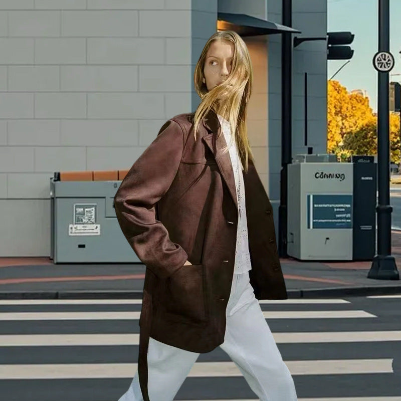 Damen modische Kunstlederjacke mit Taillengürtel und praktischen Taschen R&B