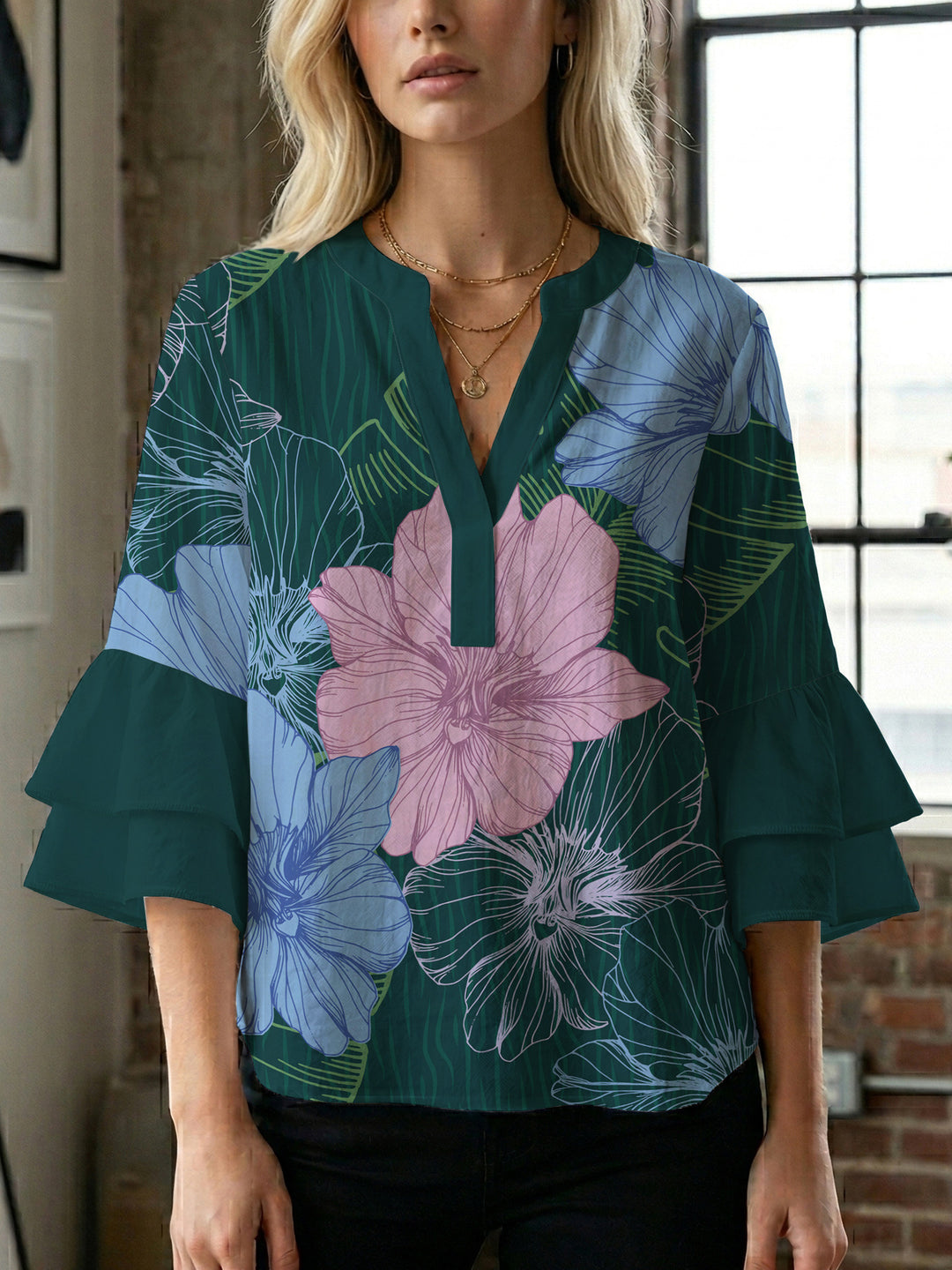 Damen Bluse mit voluminösen Ärmeln und floralem Design R&B