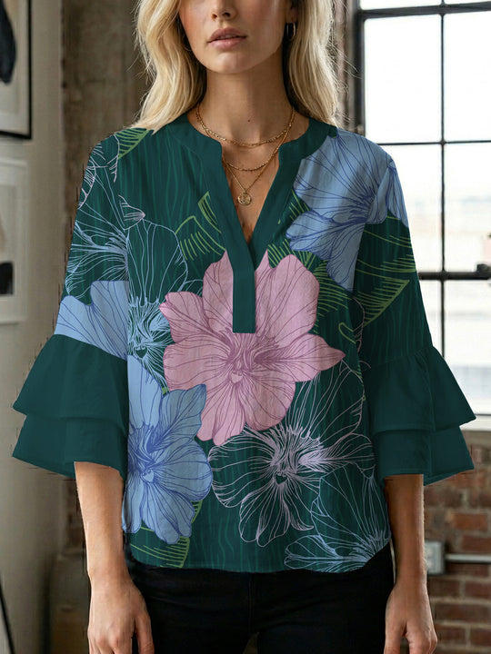 Damen Bluse mit voluminösen Ärmeln und floralem Design R&B