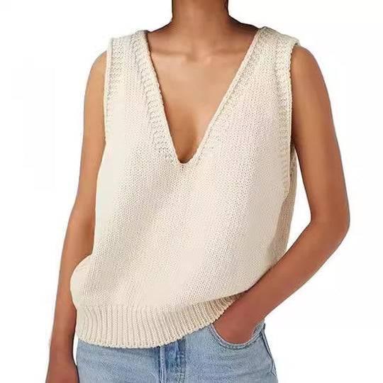 Damen lässiger Strickpullover ohne Ärmel mit tiefem V-Ausschnitt R&B