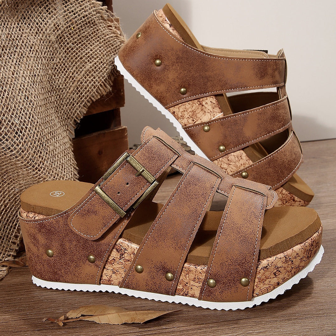 Damen modische Keil-Sandalen mit verstellbaren Riemen und korkähnlicher Sohle R&B