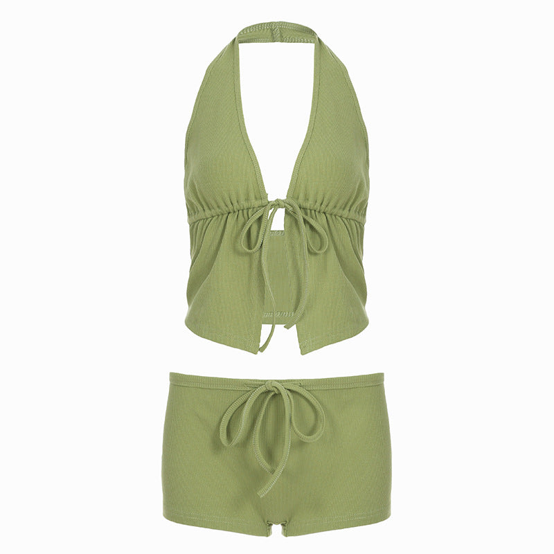 Damen elegantes Halter-Top mit herausragender Raffung und kurzen Shorts R&B