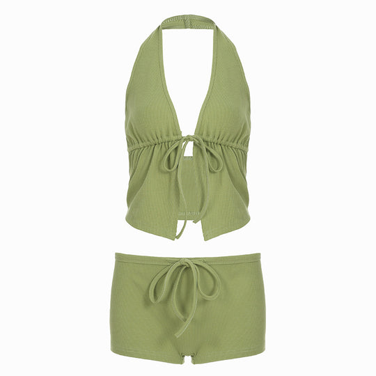 Damen elegantes Halter-Top mit herausragender Raffung und kurzen Shorts R&B