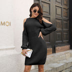 Damen Strickkleid mit Off-Shoulder-Design und langen Puffärmeln R&B