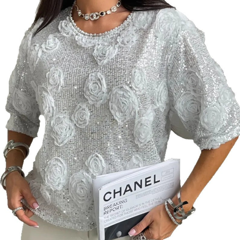 Damen nan elegante Paillettenbluse mit dreidimensionalen Rosenapplikationen, Rundhalsausschnitt und halblangen Ärmeln R&B