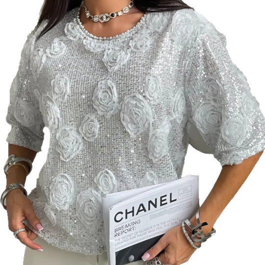 Damen nan elegante Paillettenbluse mit dreidimensionalen Rosenapplikationen, Rundhalsausschnitt und halblangen Ärmeln R&B