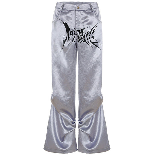 Damen Satin-Hosen mit dekorativem Grafikdruck und weitem Bein R&B