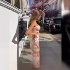 Damen bodenlanges Blumen-Minikleid mit Spaghettiträgern und Raffungen R&B