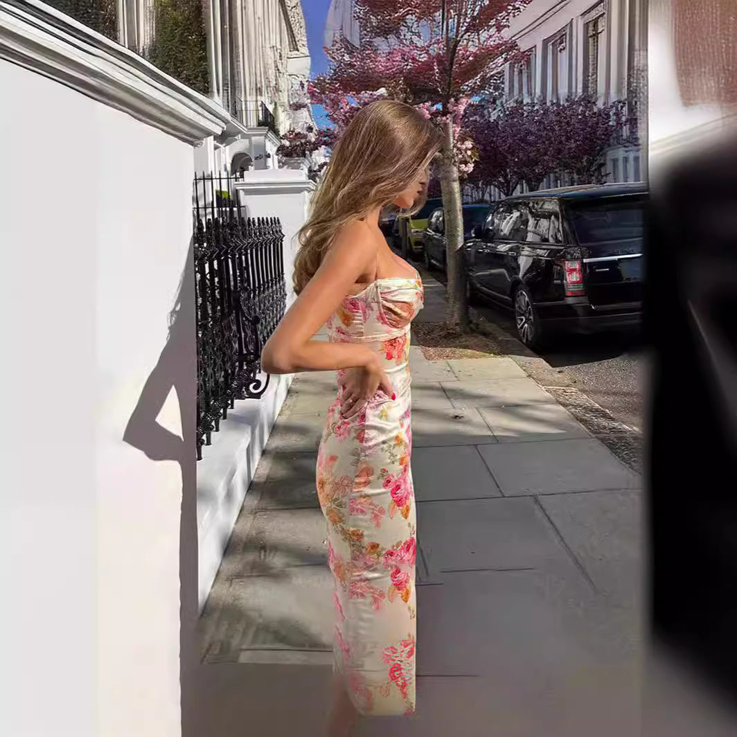 Damen bodenlanges Blumen-Minikleid mit Spaghettiträgern und Raffungen R&B