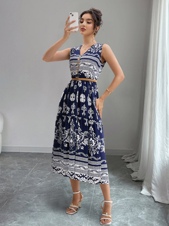 Damen Midi-Kleid mit Knopfleiste und traumhaftem Muster R&B