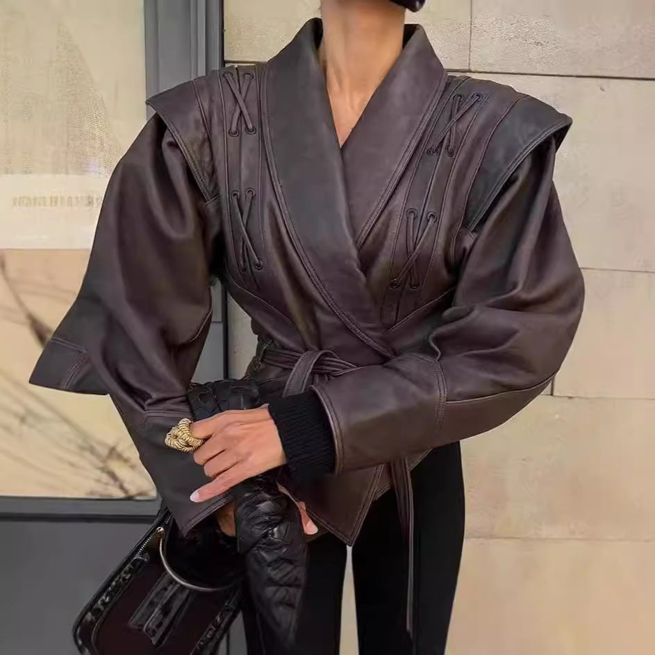 Damen Modische Bikerjacke mitTaillengürtel und dekorativen Nähten R&B