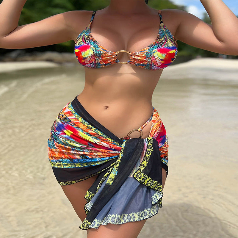 Damen Bikini-Set mit dekorativem Wickelrock und modischem Ringdetail R&B
