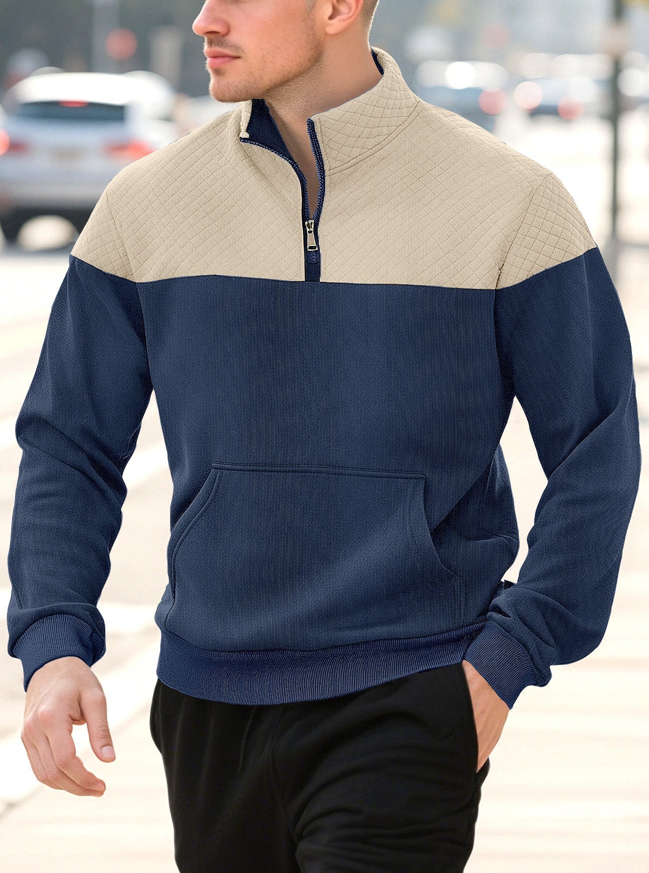Herren nan Halbzip-Sweatshirt mit gesteppter Schulterpartie Kängurutasche und gerippten Bündchen R&B