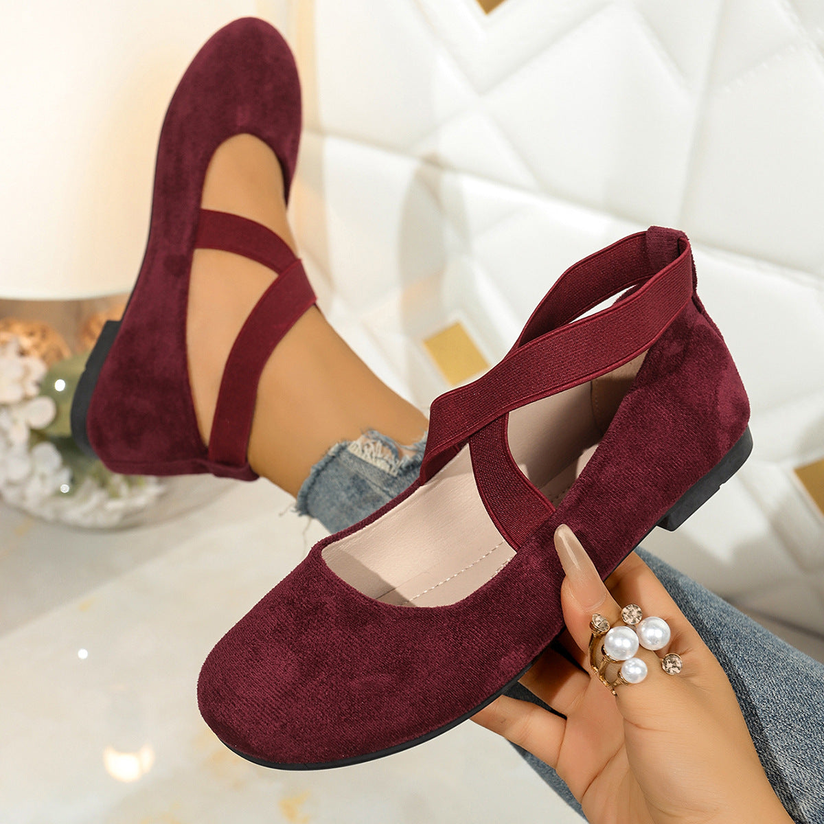Damen Stylish Ballerinas mit elastischem Kreuzriemen und atmungsaktivem Obermaterial R&B