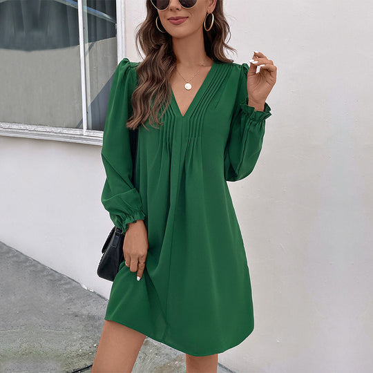Damen geschnittenes V-Ausschnitt Kleid mit eleganten Puffärmeln und schwingendem Saum R&B