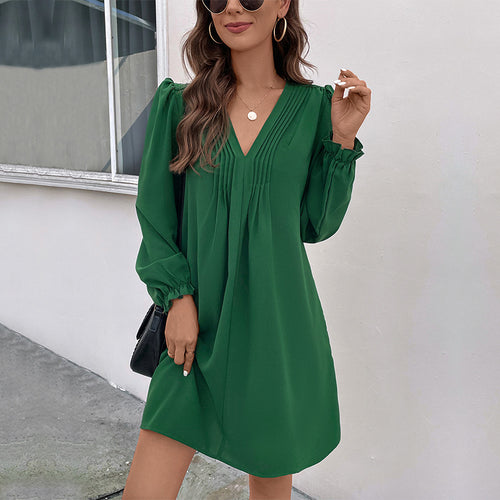 Damen geschnittenes V-Ausschnitt Kleid mit eleganten Puffärmeln und schwingendem Saum R&B