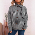 Damen gestreifte Strickjacke mit modernem Kragen und Knopfverschluss R&B