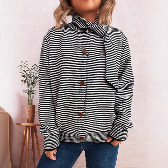 Damen gestreifte Strickjacke mit modernem Kragen und Knopfverschluss R&B