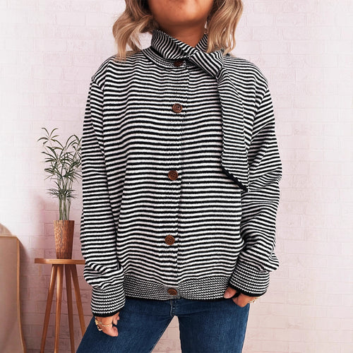 Damen gestreifte Strickjacke mit modernem Kragen und Knopfverschluss R&B