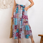 Damen Maxirock mit buntem Patchwork-Design und Taillengürtel R&B