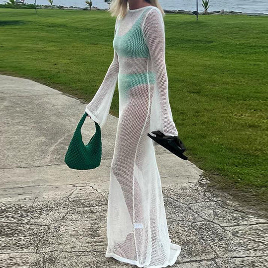 Damen transparentes Strandkleid aus Netzmaterial mit weitem Schnitt und offenen Ärmeln R&B