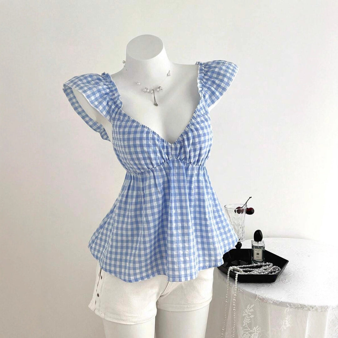Damen luftige V-Ausschnitt Bluse mit Rüschendetails R&B