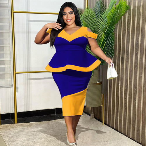 Damen Figurbetontes Peplum Kleid mit asymmetrischen Farbakzenten R&B