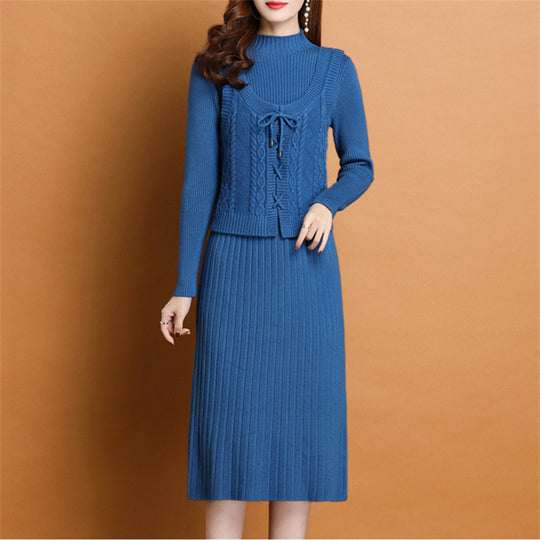 Damen elegantes Strickkleid mit hochgeschlossenem Kragen und dekorativem Zopfdesign R&B