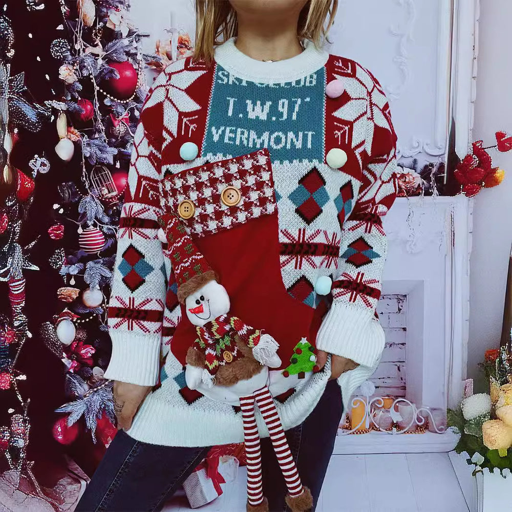 Damen festlicher Pullover mit winterlichem Schneemann-Motiv und dekorativen Details R&B