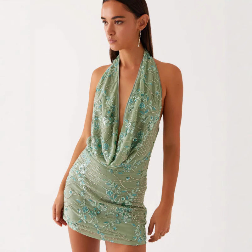 Damen Glamouröses Etuikleid mit tiefem V-Ausschnitt und besticktem Design R&B