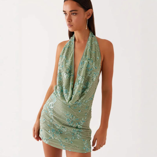 Damen Glamouröses Etuikleid mit tiefem V-Ausschnitt und besticktem Design R&B