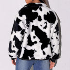 Damen Fleece-Pullover mit halbhohem Kragen und rustikalem Kuhmuster R&B