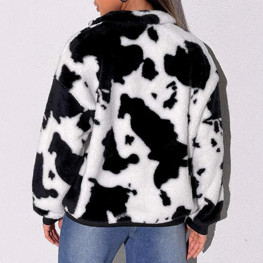 Damen Fleece-Pullover mit halbhohem Kragen und rustikalem Kuhmuster R&B
