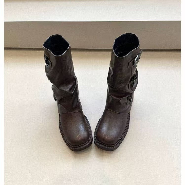 Damen Steppstiefel mit modischen Schnallen und flexiblem Schaftrand R&B