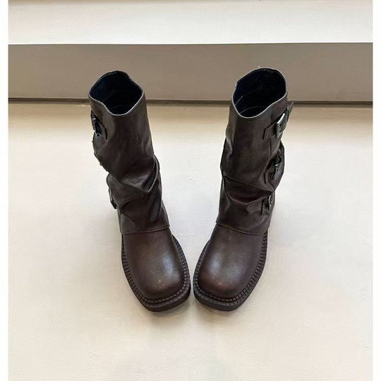 Damen Steppstiefel mit modischen Schnallen und flexiblem Schaftrand R&B