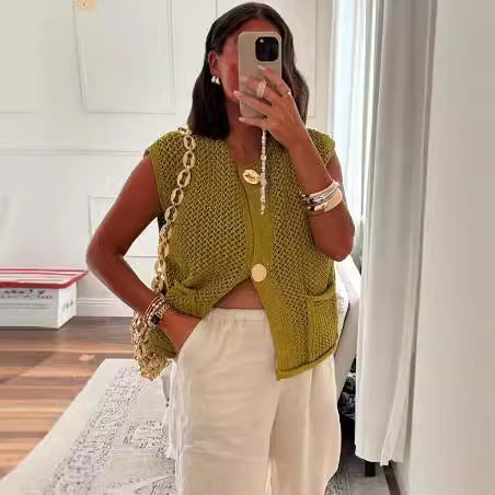 Damen luftige Strickweste mit dekorativen Knöpfen und Taschen R&B