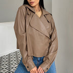 Damen Modische Kunstlederjacke mit elegantem Reverskragen und asymmetrischem Schnitt R&B