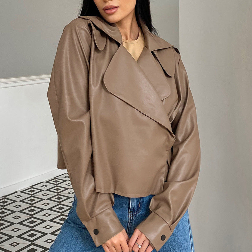 Damen Modische Kunstlederjacke mit elegantem Reverskragen und asymmetrischem Schnitt R&B