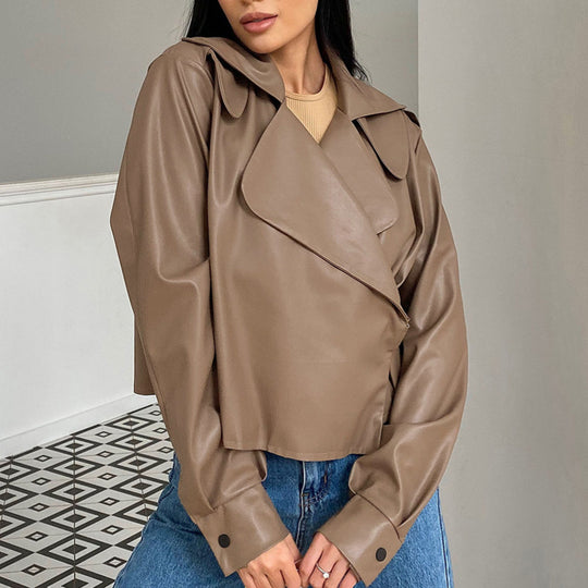 Damen Modische Kunstlederjacke mit elegantem Reverskragen und asymmetrischem Schnitt R&B