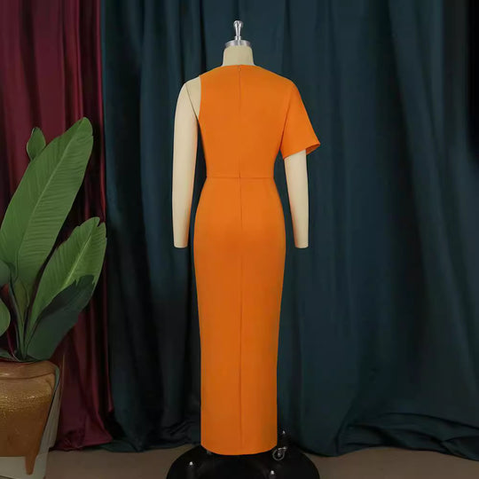 Damen figurbetontes Maxikleid mit tiefem V-Ausschnitt und elegantem Schlitz R&B