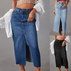 Damen Lässiger Denim Rock mit seitlichem Schlitz und fransigem Saum R&B