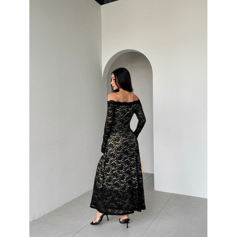 Damen Spitzenlangarmkleid mit schulterfreiem Design und eleganter Transparenz R&B
