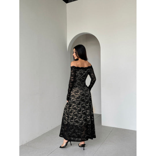 Damen Spitzenlangarmkleid mit schulterfreiem Design und eleganter Transparenz R&B