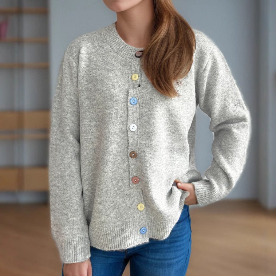 Damen kuschelige Strickjacke mit bunten Knopfdetails R&B