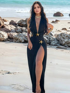 Damen elegantes Maxi-Kleid mit tiefem V-Ausschnitt und goldenen Details R&B