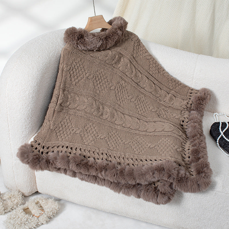 Damen kuscheliger Strickponcho mit samtigem Fellbesatz R&B
