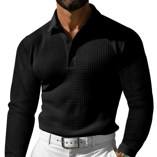 Herren nan figurbetontes Langarm-Poloshirt aus feiner Waffelmasche mit schmalem Milano-Kragen und elastischem Saum R&B