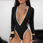 Damen Bodysuit mit tiefem V-Ausschnitt und eleganten Kontrastnähten R&B